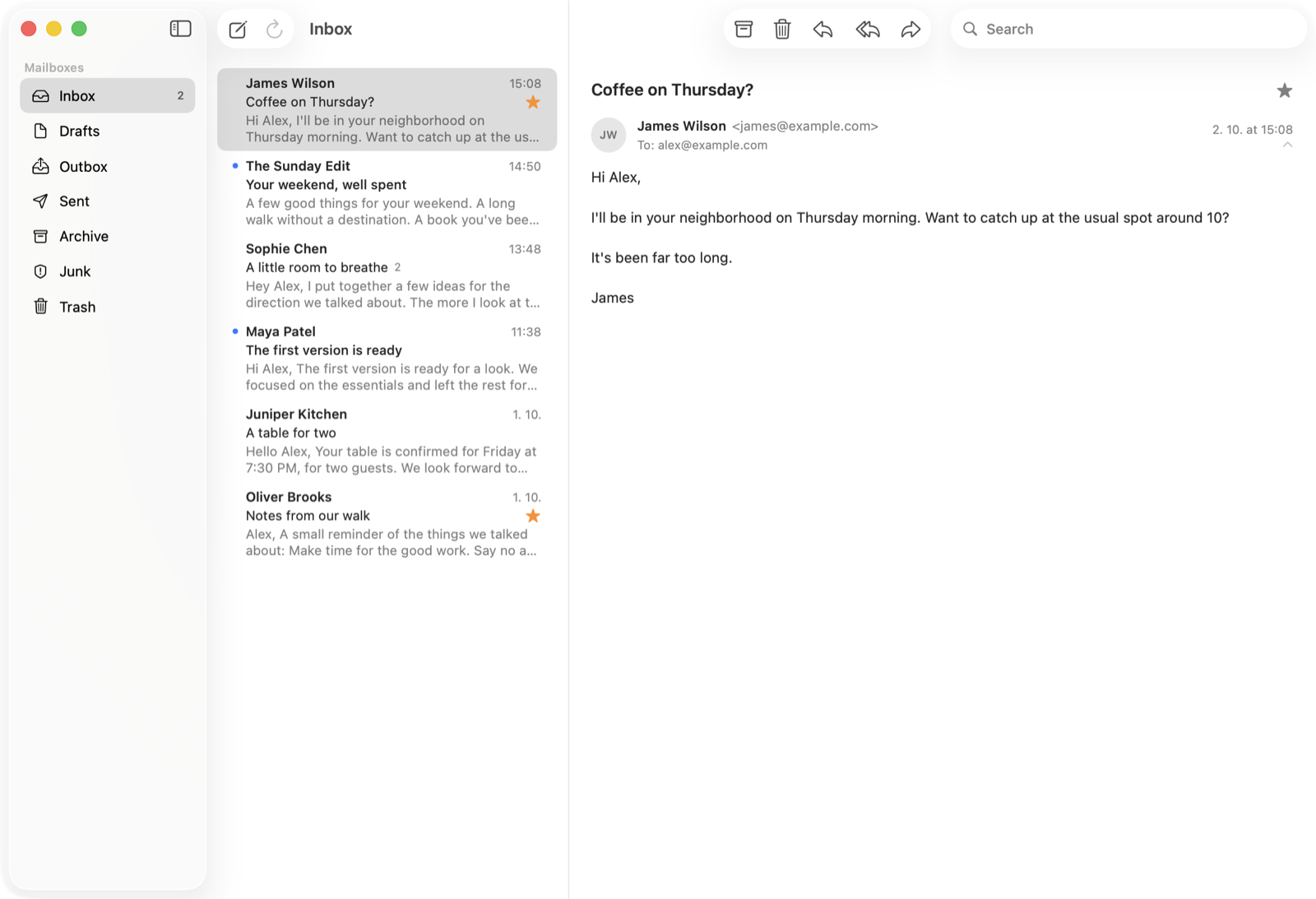 Postie showing a Gmail inbox and a conversation